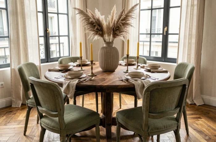Salle à manger style parisien avec table ronde en noyer, chaises vintage, vaisselle artisanale en céramique et décoration végétale en herbe de pampa séchée