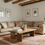 Salon scandinave décoré avec un canapé en lin, un tapis en laine terracotta et des vases en céramique sur une table basse en chêne massif