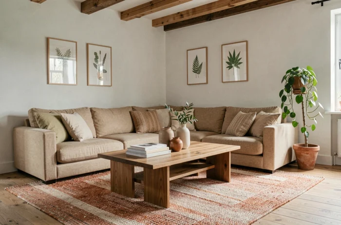 Salon scandinave décoré avec un canapé en lin, un tapis en laine terracotta et des vases en céramique sur une table basse en chêne massif