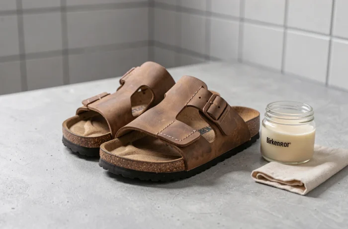 Sandales Birkenstock réparées avec une bride recousue et un patch en cuir posées sur une surface en béton