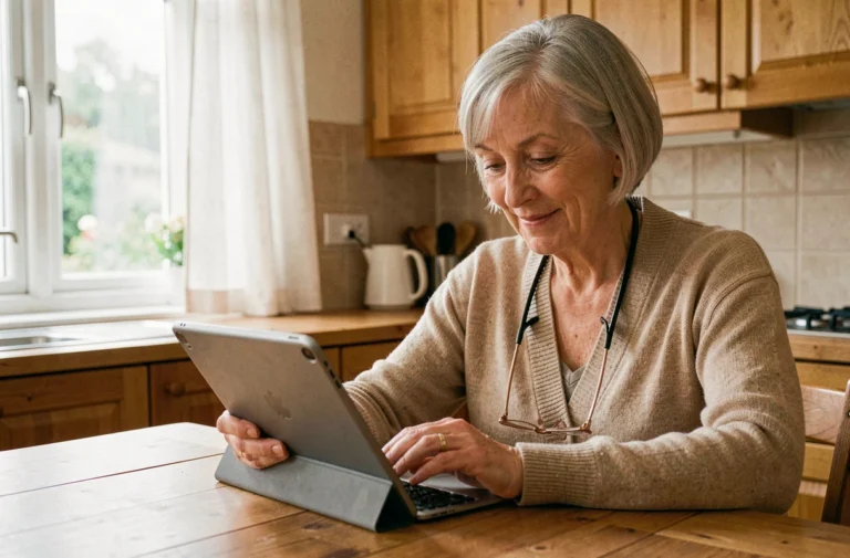 Senior femme utilisant une tablette numérique à grandes touches dans sa cuisine pour faciliter son quotidien