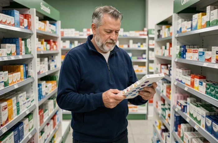 Homme senior examinant un pilulier hebdomadaire dans une pharmacie pour mieux gérer ses médicaments
