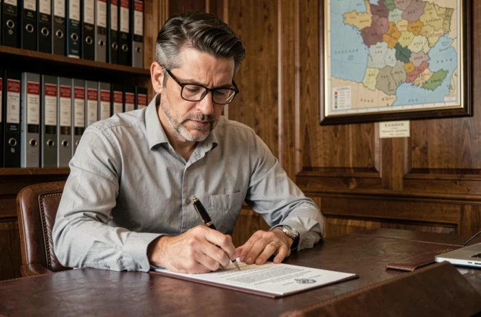 Homme signant un acte notarié lors de la finalisation d'un achat immobilier en France