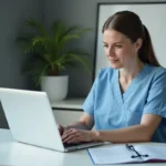 Soignante en blouse médicale bleue accédant à l'application Netsoins sur un ordinateur portable dans un bureau de santé moderne