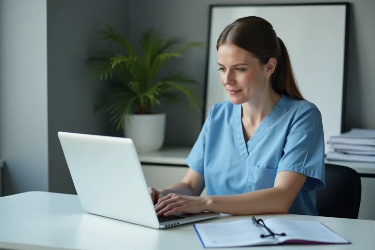 Soignante en blouse médicale bleue accédant à l'application Netsoins sur un ordinateur portable dans un bureau de santé moderne