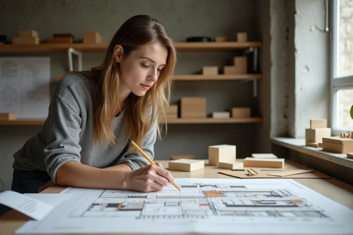 Architecte d'un petit promoteur comme Spirit Immobilier concentrée sur des plans dans un studio de conception