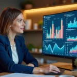 Femme professionnelle analysant des tableaux de bord marketing et des graphiques de campagnes en ligne sur un grand écran dans un bureau moderne