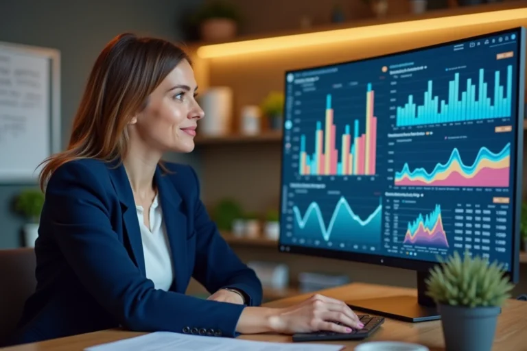 Femme professionnelle analysant des tableaux de bord marketing et des graphiques de campagnes en ligne sur un grand écran dans un bureau moderne