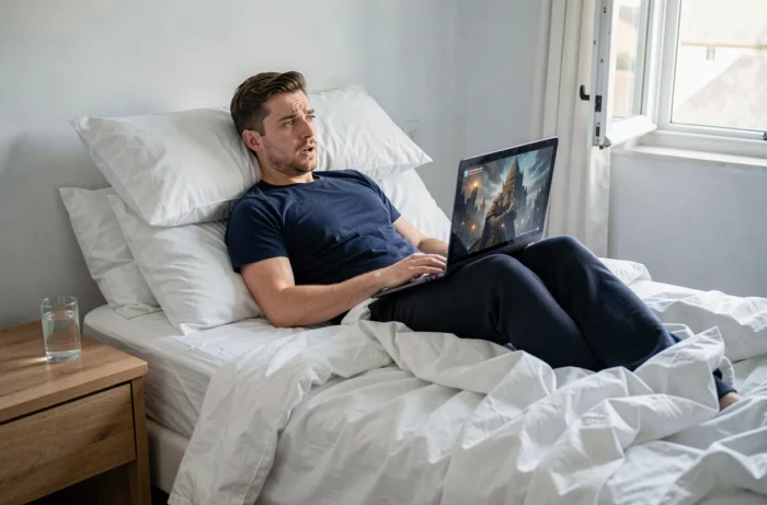 Homme regardant une série fantastique médiévale en streaming sur son ordinateur portable allongé dans sa chambre