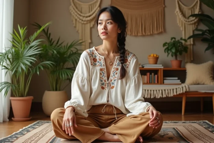 Femme portant un chemisier paysan brodé et un pantalon large en lin camel assise sur un tapis kilim dans un intérieur bohème style années 70