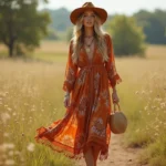 Femme en robe maxi bohème aux motifs floraux ocre et rouille portant un chapeau à larges bords dans une prairie ensoleillée, style hippie chic années 70