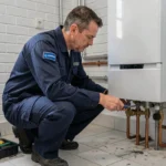 Technicien chauffagiste professionnel inspectant une chaudière à condensation dans un appartement bruxellois