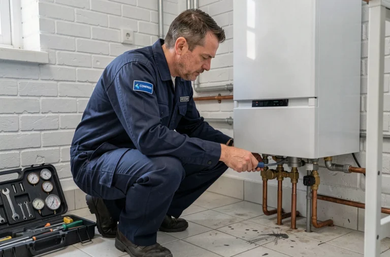 Technicien chauffagiste professionnel inspectant une chaudière à condensation dans un appartement bruxellois