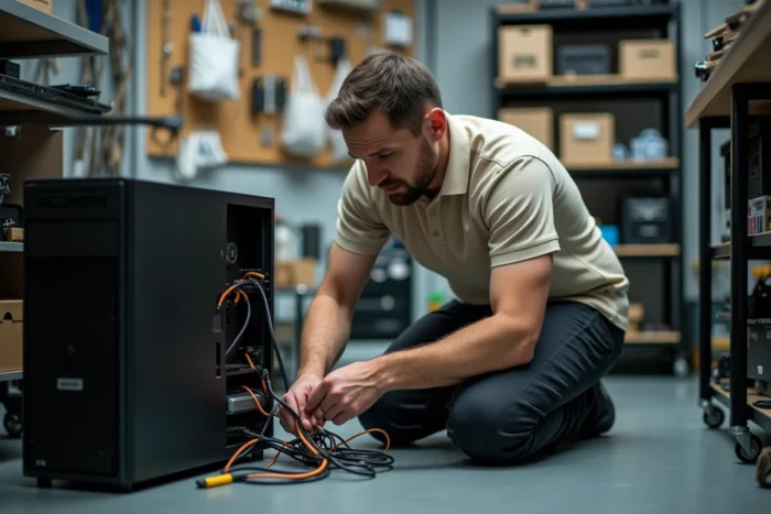 Technicien reconnectant des câbles internes d'un ordinateur dans un atelier de réparation informatique
