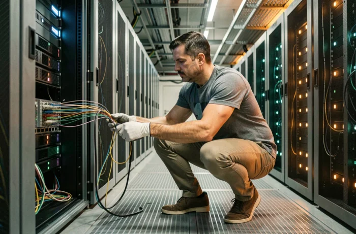 Technicien informatique configurant des câbles dans une salle de serveurs professionnelle moderne