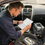Technicien automobile consultant un schéma de câblage autoradio dans l'habitacle d'une Peugeot 207 avec la console centrale démontée