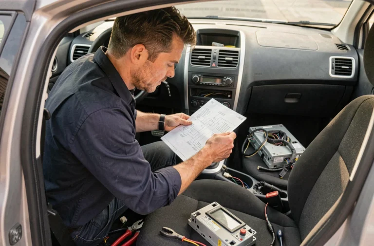 Technicien automobile consultant un schéma de câblage autoradio dans l'habitacle d'une Peugeot 207 avec la console centrale démontée