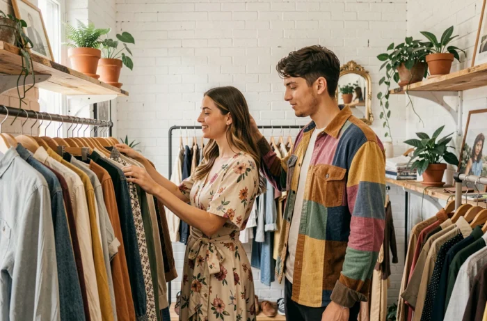 Deux amis découvrant des vêtements upcyclés et de seconde main dans une boutique vintage lumineuse, représentant la mode engagée et le commerce éthique cette saison