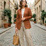 Femme en blazer lin terracotta et pantalon coton bio beige tenant un sac en rotin dans une rue pavée européenne, incarnant la mode écoresponsable cette saison