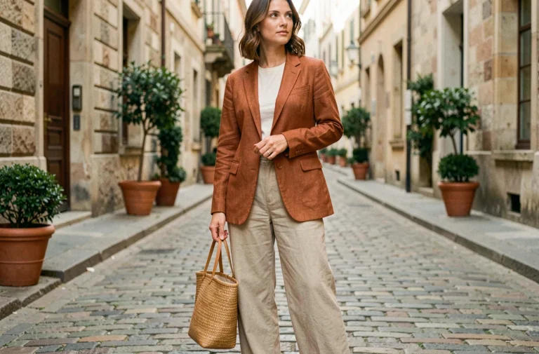 Femme en blazer lin terracotta et pantalon coton bio beige tenant un sac en rotin dans une rue pavée européenne, incarnant la mode écoresponsable cette saison