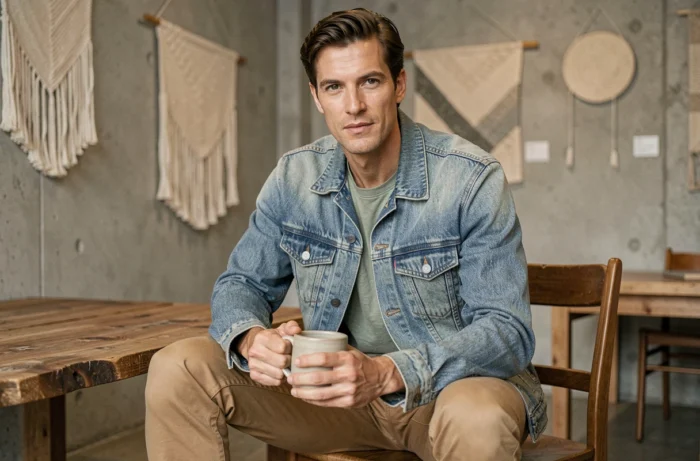 Homme en veste en denim recyclé et t-shirt coton bio vert sauge assis dans un concept store minimaliste, illustrant les tendances mode durable pour hommes cette saison
