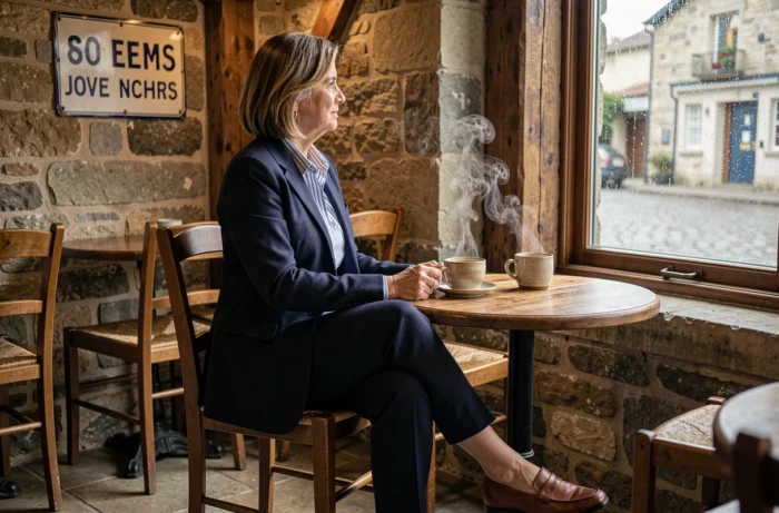 Femme élégante en blazer marine et chemise rayée bretonne assise dans un café traditionnel breton aux murs en pierre avec une fenêtre pluvieuse en arrière-plan