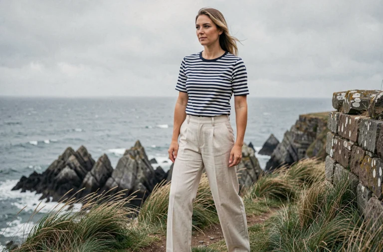 Femme portant une marinière bretonne rayée bleu marine et blanc sur une falaise côtière bretonne avec vue sur l'océan Atlantique
