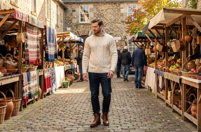 Homme portant un pull marin breton en laine torsadée écrue sur un marché de village breton pavé entouré de bâtiments en pierre