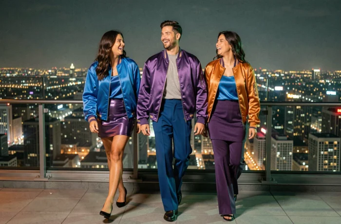Groupe d'amis en tenues clubwear color-block sur une terrasse rooftop avec vue sur la skyline nocturne