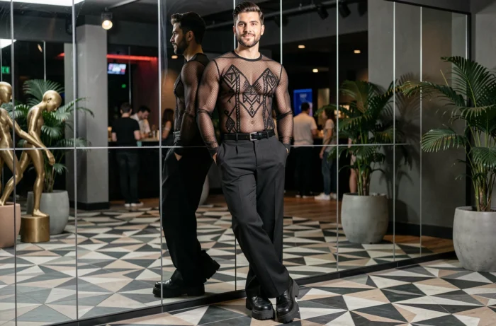 Homme en tenue clubwear haut en mesh brodé et pantalon large noir dans un lobby de boîte de nuit moderne