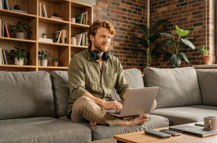 Homme jeune utilisant un laptop IA et un casque audio sans fil dans un salon urbain moderne