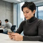 Femme utilisant un smartphone pliable dans un espace de travail tech moderne et minimaliste
