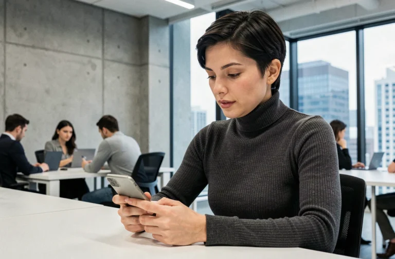 Femme utilisant un smartphone pliable dans un espace de travail tech moderne et minimaliste