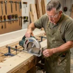 Charpentier utilisant une scie circulaire Tacklife PES01A pour couper une planche de pin dans un atelier de menuiserie