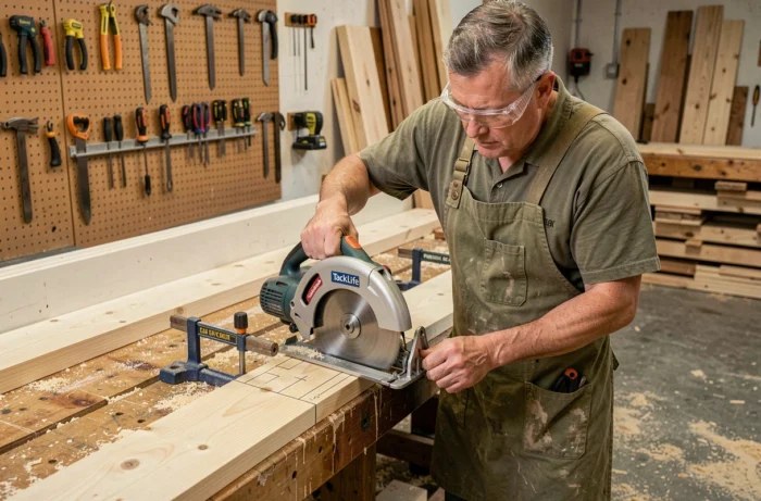 Charpentier utilisant une scie circulaire Tacklife PES01A pour couper une planche de pin dans un atelier de menuiserie