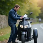 Homme à côté d'un trike homologué sur une route de campagne française tenant des documents d'homologation