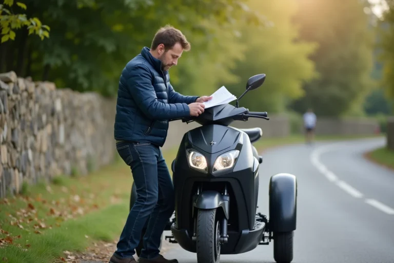 Homme à côté d'un trike homologué sur une route de campagne française tenant des documents d'homologation