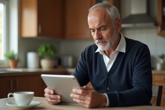 Homme à domicile gérant son espace personnel en ligne sur une tablette depuis sa cuisine, interface de connexion Netsoins visible