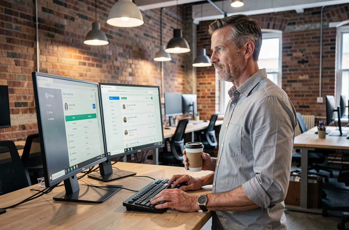 Professionnel utilisant un VPN sur ordinateur de bureau pour contourner le blocage d'un site