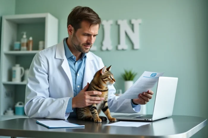 Vétérinaire examinant un chat tigré dans une clinique vétérinaire moderne tout en consultant un dossier d'assurance santé animale