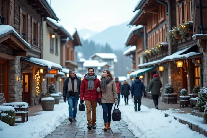 Village de station de ski européenne animé avec des vacanciers adultes en vêtements de montagne, illustrant les destinations concurrentes aux clubs de vacances tout inclus