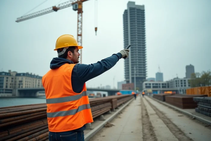 Chef de chantier devant une tour résidentielle en construction au bord d'un fleuve français par Vinci Immobilier