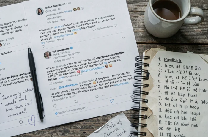 Vue aérienne d'une table avec des impressions de publications virales et des notes manuscrites autour du mystérieux mot Yindofoyelaszoz