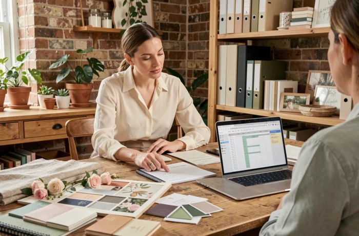 Wedding planner professionnelle organisant les détails d'un mariage avec des échantillons de décoration et un calendrier de planification
