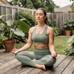 Femme pratiquant le yoga matinal sur une terrasse en bois entourée d'un jardin verdoyant pour améliorer son bien-être quotidien