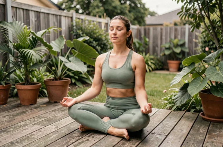 Femme pratiquant le yoga matinal sur une terrasse en bois entourée d'un jardin verdoyant pour améliorer son bien-être quotidien